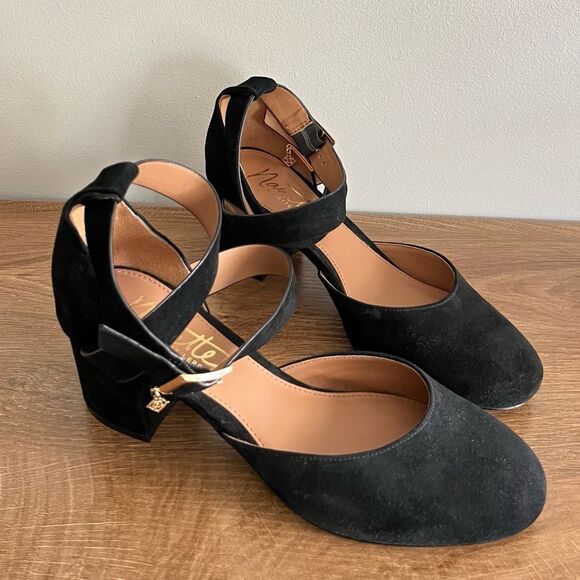 Nanette Lepore Black Suede Block Heels 8.5 Ankle Strap Demi Round Toe - Picture 1 of 9